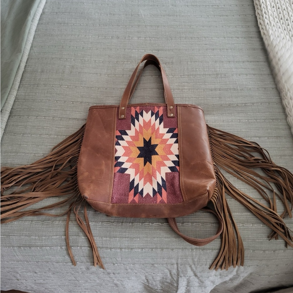 Brown Leather Fringe Tote with Geometric Star Embroidery